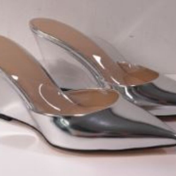 Theory Women's Pointy Wedge Metallic Leather Sandals 40 NIB 498 Silver - Picture 1 of 7
